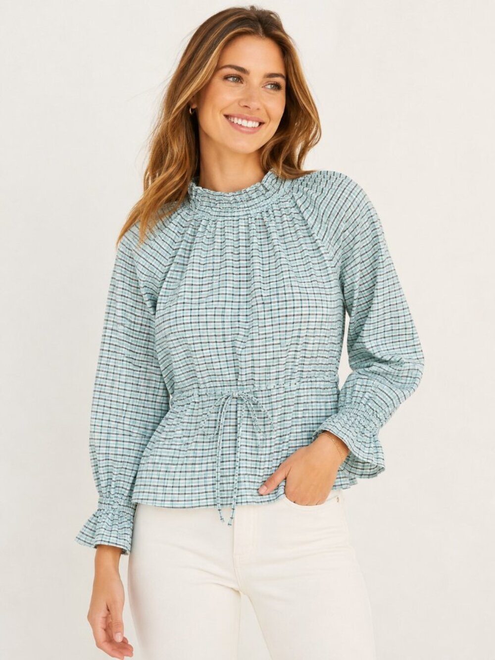 J. Crew BB277 Aqua Plaid Ruffle Neck-Tie Waist Blouse Top Small NWT